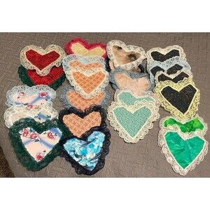 Quilt Heart Pockets Ornaments Handmade Fabric & Lace 1990s Set Of 22 Vintage